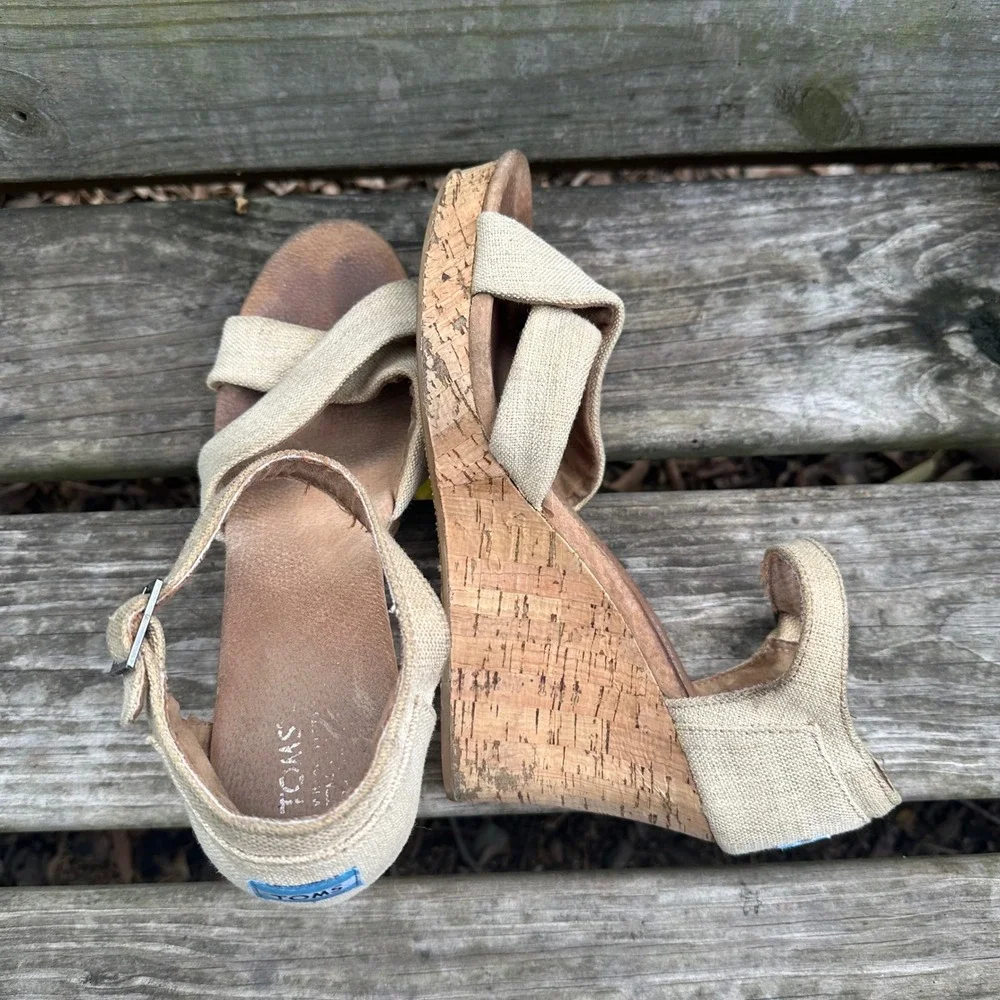 TOMS Sienna Oatmeal Linen Cork Wedge Sandals Size‎ 12 Tan Ankle Strap Platform
